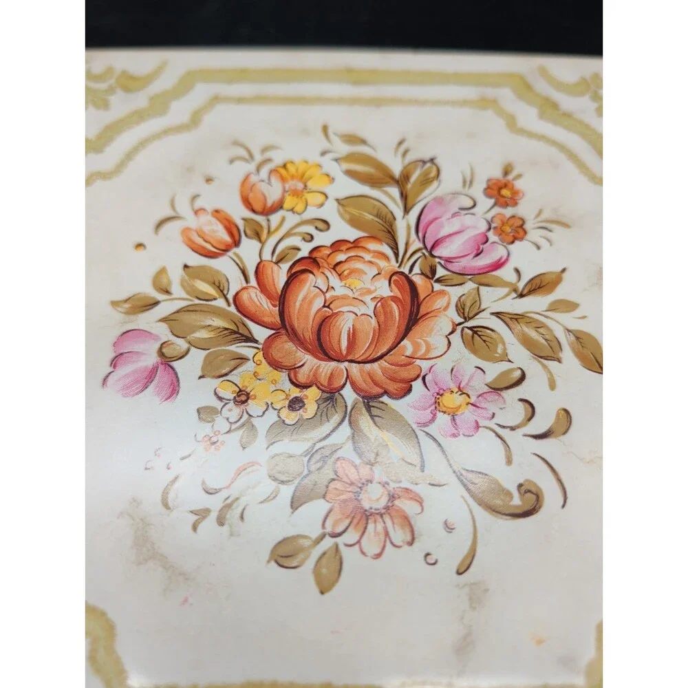 Vintage Victorian Style Floral Ceramic Tile Trivet Embossed Gold Border Hot Pad